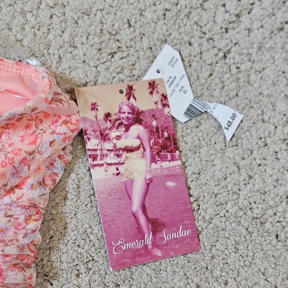Emerald Sundae Floral Ruched Mesh Bodycon Dress SIZE XL in Coral Pink NWT - Picture 9 of 10